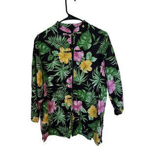 Lauren Ralph Lauren Womens Tunic Black Floral Linen Shirt Large Mandarin